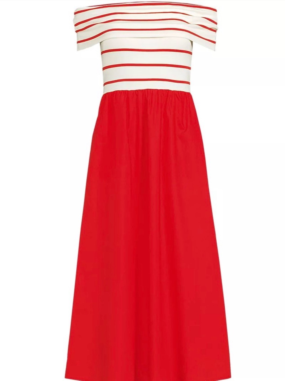 Lands’ End Off Shoulder Mixed Media Midi Dress Red Ivory Stripe Pockets